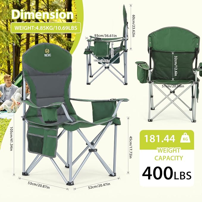 Nice C Camping Chair Portable Chair Lawn Chairs Outdoor Chairs with Armrest Cooler Bag Cup Holder Side Pocket for Camping Traveling Picnic (Green&ampGrey 1-Pack)