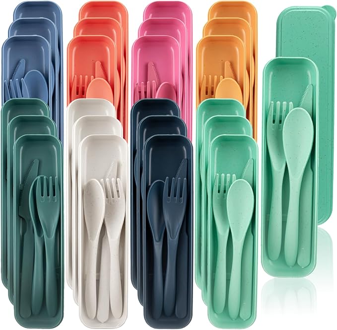24 Sets Reusable Travel Utensils Set with Case Wheat Straw Portable Knife Fork Spoons Cutlery Eco-Friendly BPA Free Plastic Tableware for Kids Adults Travel Picnic Camping Utensils (8 Colors)