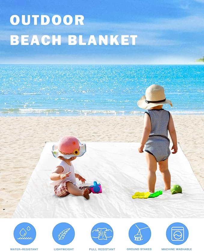 Beach Blanket Waterproof Sandproof 84”x80” Solid White Oversized Beach Mat with 4 Corner Sand Pocket &amp 4 Stakes Outdoor Picnic Mat for Camping Travel