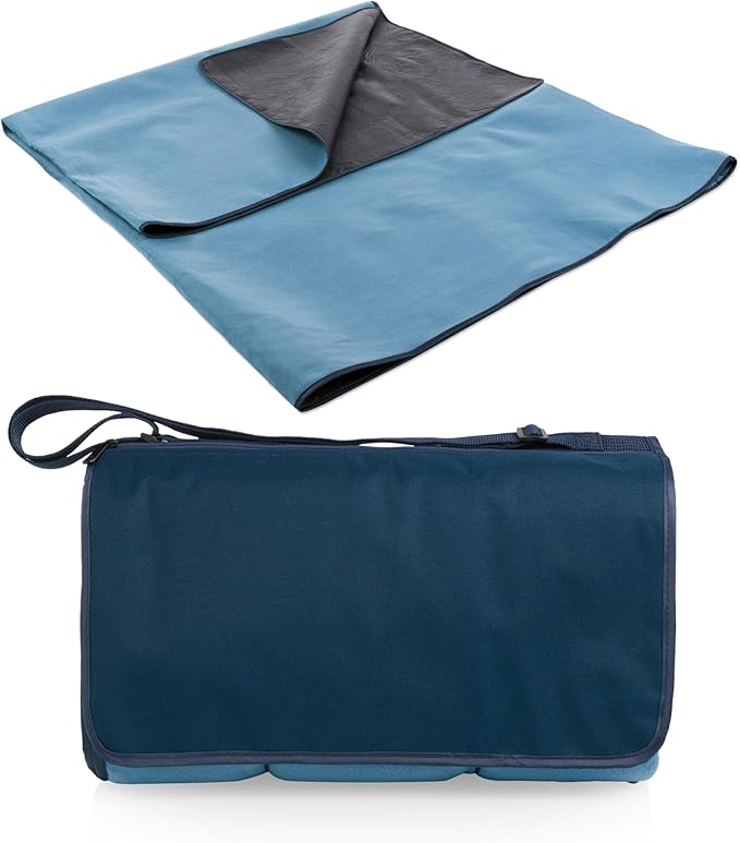 ONIVA Blanket Tote XL Outdoor Picnic Blanket 70x80 Foldable Beach Blanket with Fleece Top Water-Resistant Backing Strap &amp Pocket Portable Mat for 4-5 People by Picnic Time (Dusty Blue)