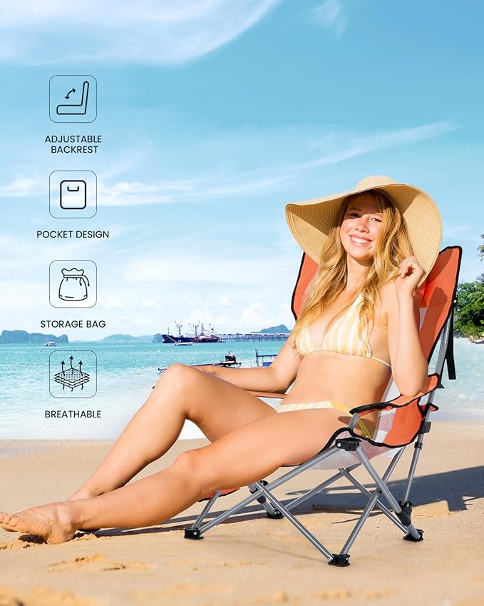 Sportneer Beach Chair: Adjustable Folding Chair with Cup Holder &amp Side Pocket - Portable &amp Compact Beach Chairs for Adults with Reclining Positions for Camping Picnic and Outdoor Orange