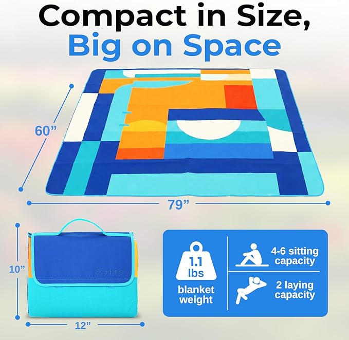 scuddles Extra Large Picnic Blanket – 60 x 80 Waterproof Outdoor Mat with Soft 3-Layer Comfort Cozy Fleece Top Foldable Design &amp Carry Strap for Beach Camping Parks &amp Hiking
