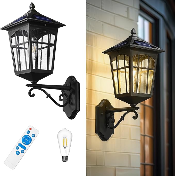 zeyu Solar Outdoor Front Porch Light Large Outdoor Wall Mounted Light with Remote Die-Cast Aluminum with Seeded Glass Shade Black Finish ZYX113B-M SL BK