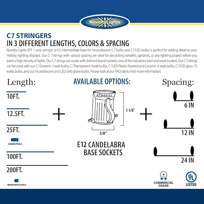 Novelty Lights 100 Foot C7 Outdoor String Light Christmas Stringer - Patio String Lights - Candelabra Base (C7/E12) - 12 Spacing - White Wire