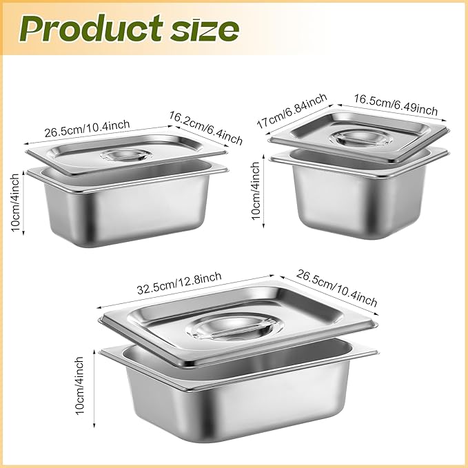Maxdot 12 Set Stainless Steel Hotel Pan 1/2 1/4 1/6 Size 4 Inch Deep with Lids Stainless Steel Steam Table Pan Commercial Food Pans for Restaurant Catering Salad Bar Party Supplies Metal Steam Tray