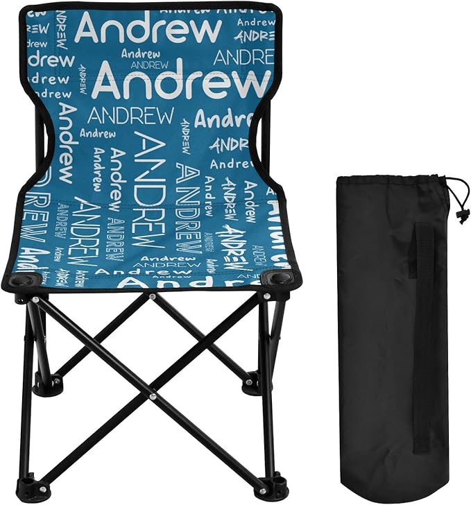 Sinestour Ice Blue Custom Folding Camping Chair for Teen Child Personalized Name 14.6×14.6in Portable Outdoor Chair with Carry Bag for Travel Picnic Barbeques
