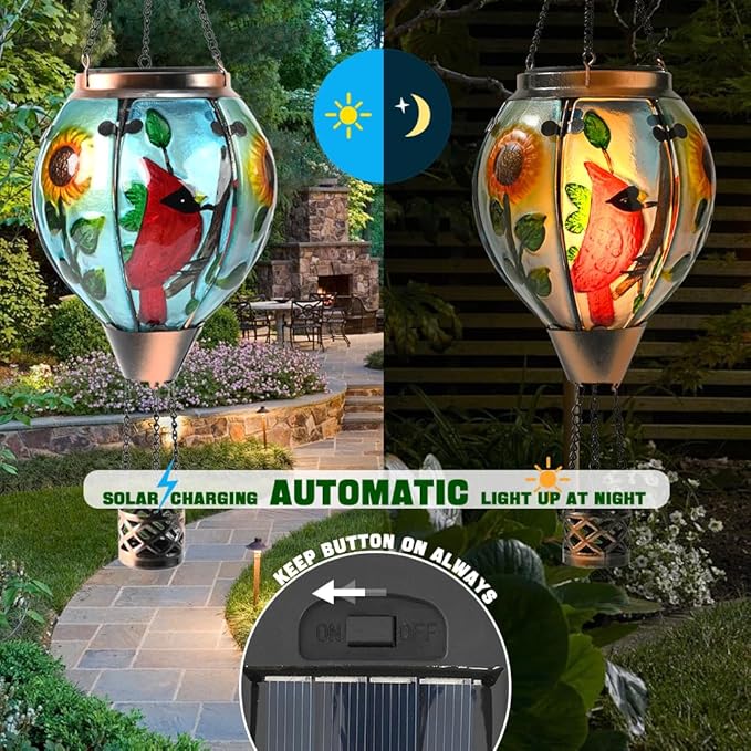 Hot Air Balloon Solar Lantern - Large Cardinal Bird Glass Lantern Simulated Flickering &amp Dancing Flame Big Outdoor Hanging Sunflower Yard Light Waterproof IP65 for Patio Lawn Porch Decor Gift