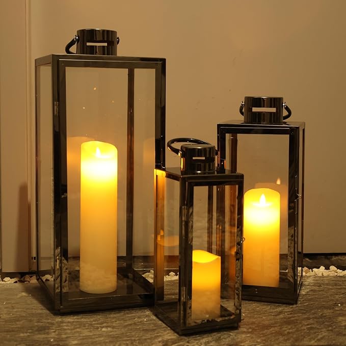 NEEDOMO Stainless Lanterns Decorative Outdoor &amp Indoor Set of 3 Outdoor Lanterns for Porch 25/ 19.5/15 Candle LanternStainless with Glass Vintage Farmhouse Patio Pathway Garden Christma
