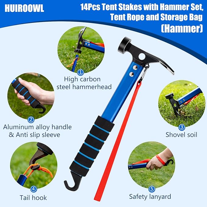 14 Pcs Camping Kit Aluminum Tent Stakes(8Pcs) with Reflective Camping Rope(4Pcs) Camping Hammer(1Pcs) Storage Bag(1Pcs) Suitable for Tent Camping Hiking and Outdoor Adventures