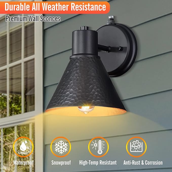 2 Pack Dusk to Dawn Outdoor Wall Sconces Exterior Farmhouse Barn Light Vintage Black Outside Wall Lighting Fixture with Hammered Shade Anti-Rust Waterproof Outdoor Light for House Porch Garage