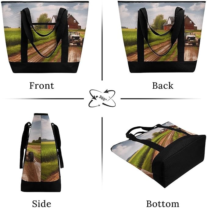 Insulated Shopping BagLarge Reusable Cooler Bags Country Road with Farm And Tractor Printed Foldable Shopping BagTravel Waterproof Shoulder Bag