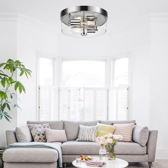 Flush Mount Ceiling Light Fixtures 2-Light Chrome Ceiling Mount for Farmhouse with Seeded Glass Lampshade Industrial Hall Flush Mount Light Fixture for Hallway Kitchen Entryway Bedroom and Foyer