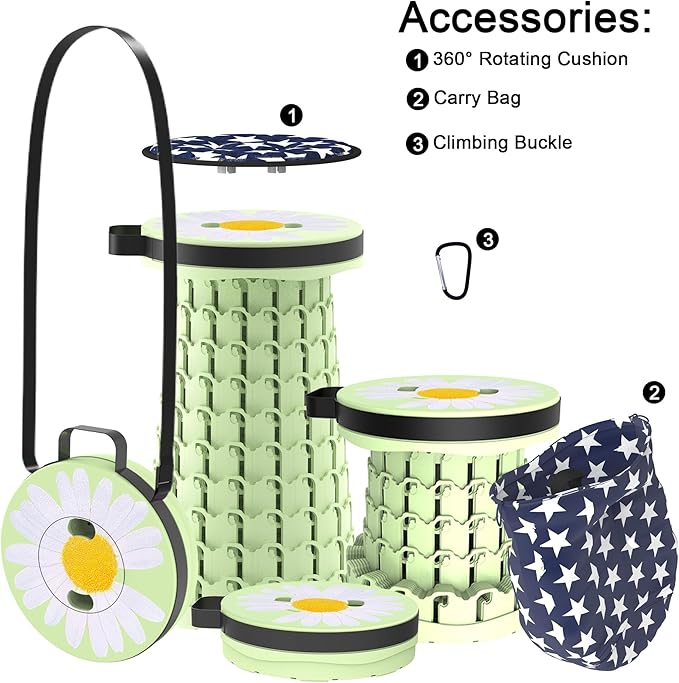 ALEVMOOM Upgraded Telescoping Collapsible Stool with Cushion Folding Stool with Printing Portable Retractable Foldable Seat Max Load 600lbs for Adults Camping Fishing Outdoor