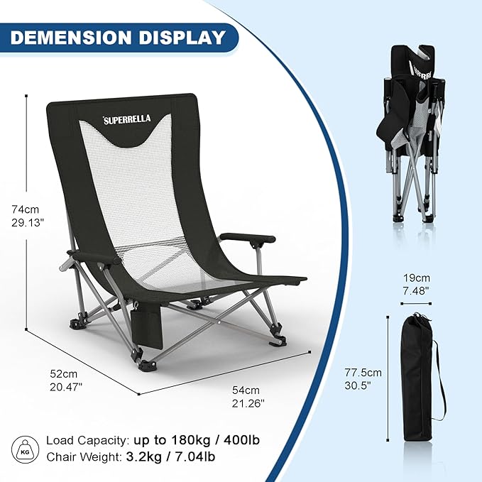 Portable Beach Chair for Adults with Cup Holder Hard Arm Folding Lawn Chairs for Outdoor Activities Camp Sports Beach Travel &amp Picnic Supports up to 400 lbs