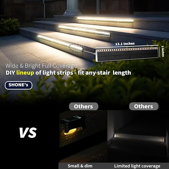Solar Step Lights for Outside 33 Focused-Beam High-Brightness LEDs Waterproof Aluminum Outdoor Stair Light for Risers Curbsides Poolsides Planter Edges (Warm White 6Pack)