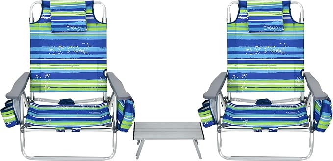 S AFSTAR Folding Beach Chair Set 2 Pack Folding Chair and Aluminum Small Table 5-Position Adjustable Camping Chairs with Ice Bag Comfort Pillow 3 PCS Backpack Recline Beach Chairs (Blue+Green)