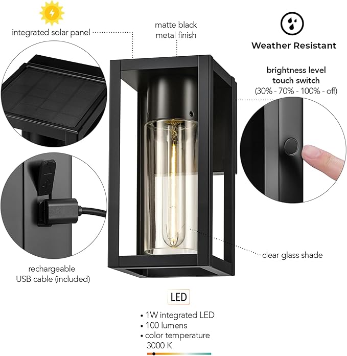 GLOBE Electric 60000167 1W LED Integrated Solar Powered Outdoor Wall Sconce Matte Black Integrated Solar Panel Clear Glass Shade 100 Lumens 3000 Kelvin 90 CRI