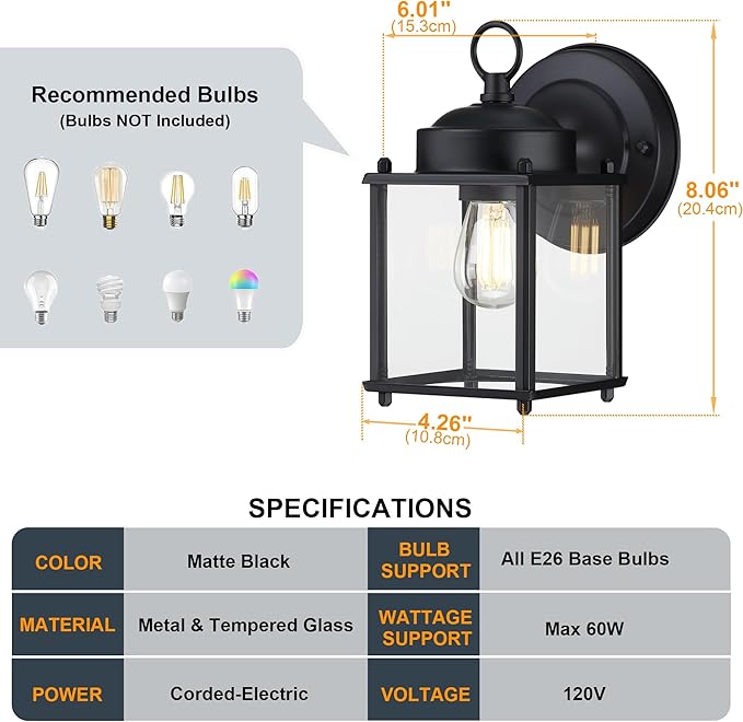 GRUENLICH Outdoor Wall Sconce Exterior Wall Lighting Fixtures with Clear Glass Front Porch Lighting Anti-Rust Outside Lights for Patio Doorway Matte Black 2 Pack