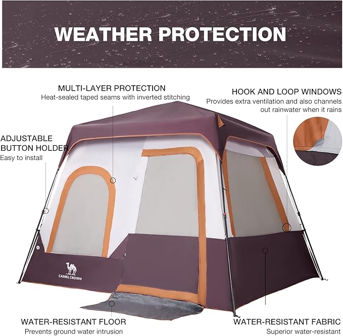 Camping Tents 4/6 Person Pop Up Instant Tent - Setup in 60s for Family Camping Windproof Design Family Cabin Tent with Rainfly &amp Backpack Carry Bag