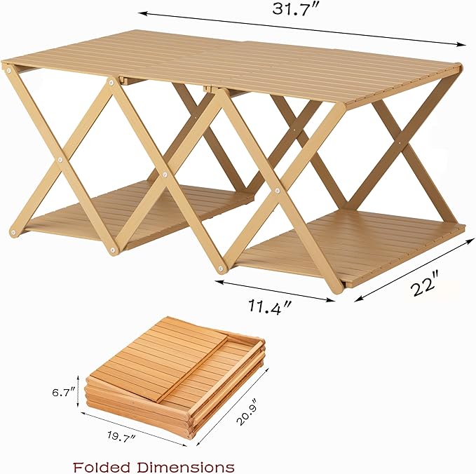 4-Tier Shelf - Transforms into a Camping Table Portable Beechwood Storage Rack for Indoor Outdoor Camping &amp Multi-Purpose Use