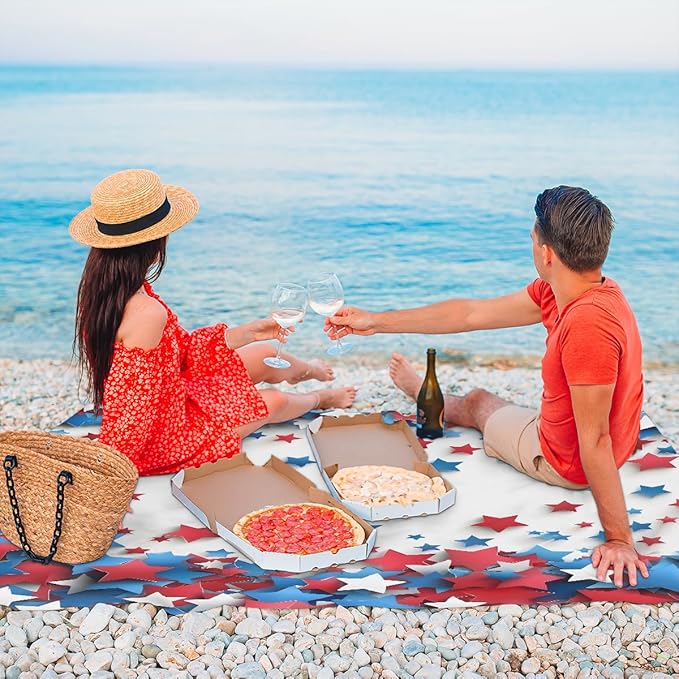 Waterproof Sandproof Beach Blanket 59''×68'' Two-Color Pentagram Polyester Outdoor Picnic Blanket with 4 Stakes &amp Storage Bag for BeachCampingVacation