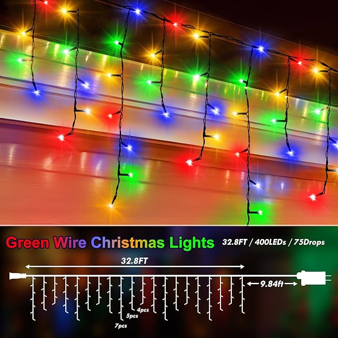 Hezbjiti 400LED Christmas Icicle Lights - 33FT Dark Green Wire with 8 Modes &amp 75 Drops for Outdoor Decor