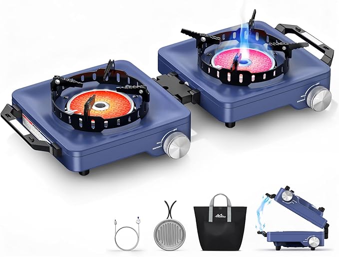 MoKo Propane Camping Stove 2 Burner 36000 BTU Infrared &amp Open Flame Hybrid Windproof Folding Portable Outdoor Gas Cooking Kit with Frying Pan &amp Carry Bag For RV Tailgating Survival Blue