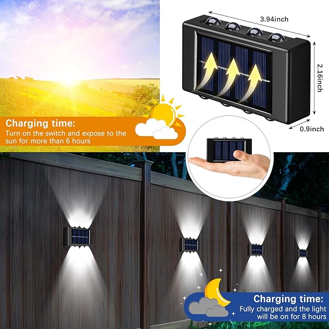 8 Pack Solar Wall Lights for Outside 6000K Cold Solar Fence Lights Up and Down LED Autumn Outdoor Decorative Waterproof Lamps Dusk to Dawn LED Lighting Wall Sconces for Outside Deck Garage
