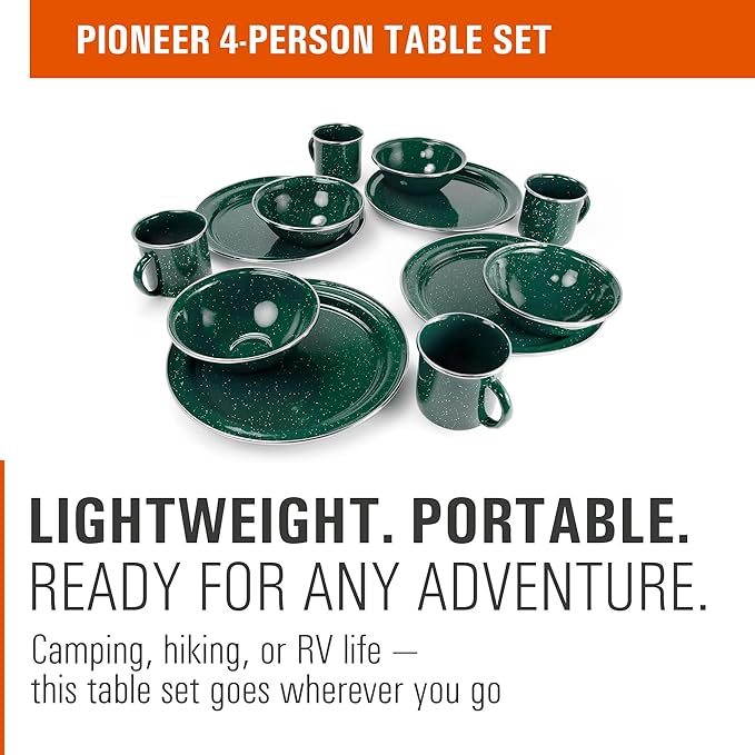 GSI Outdoors Pioneer Enamel 12 Pieces (4-Person) Dish Set I Enamelware Dishes Including Plates Bowls and Mugs for Camping Outdoors RV Camp Green