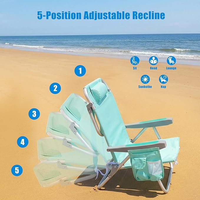 SUNNYFEEL Low Beach Chairs for Adults 5 Position Lay Flat Portable Folding Backpack Beach Chair Heavy Duty with Cooler Bag Cup Holder for Outdoor/Lawn/Picnic/Sand Foldable Camping Chair