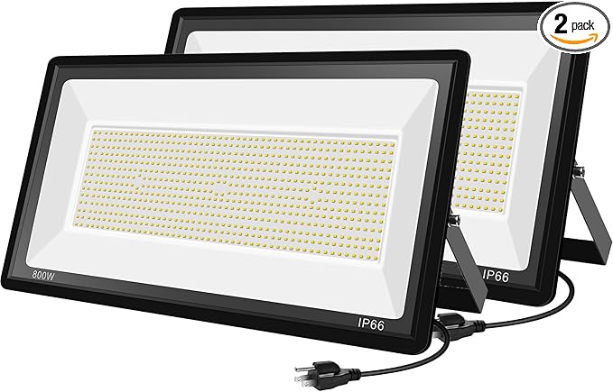 800W Warm White Flood Lights Outdoor LED Security Floodlights with Plug 3000K 80000LM Suer Bright Commercial Arena Lighting for Court Backyard Stadium Fields 2 Pack