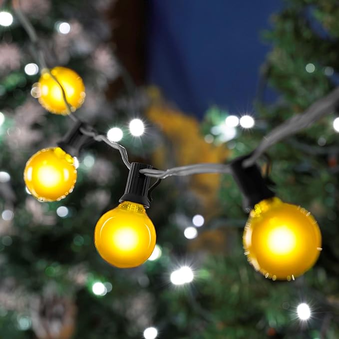 25 Foot G50 Outdoor Patio String Lights with 25 Yellow Globe Bulbs – Indoor Outdoor String Lights – Market Bistro Café Hanging String Lights – C9/E17 Base - Black Wire