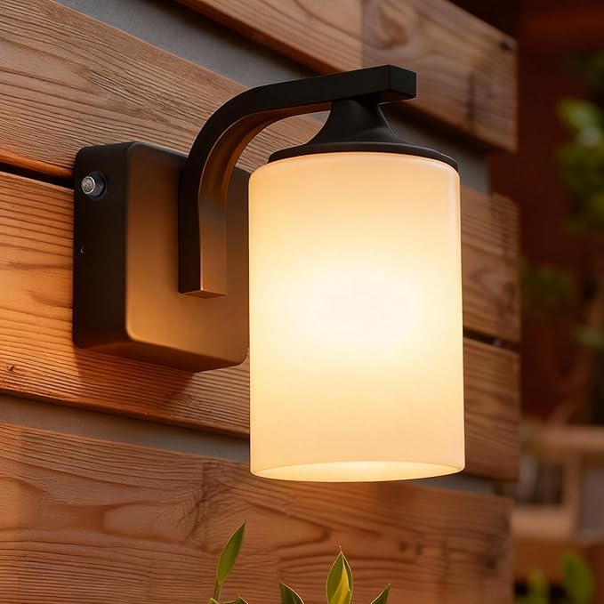 Dusk to Dawn Outdoor Wall Light Sconce Waterproof Aluminum Porch Light Exterior Fixture with Milk Glass Shade for Patio Yard Garden HouseOutside Matte Black