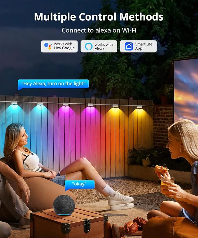 Outdoor Deck Lights 16 Packs Smart RGBCW Fence Light 100+ Scene Modes Dual Lens LED String Lights with APP/Voice/Remote Control IP65 Waterproof for Halloween Christmas Decor 105ft White