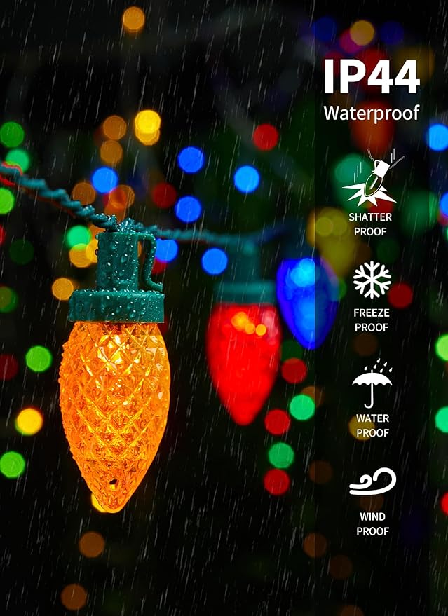 C9 LED Christmas Lights Outdoor 68 Ft 100 LED C9 String Lights with 100 All in One Clips Connectable Waterproof Christmas Tree Lights for Outside Roofline Backyard Garden Decor Multicolor 2 Pack