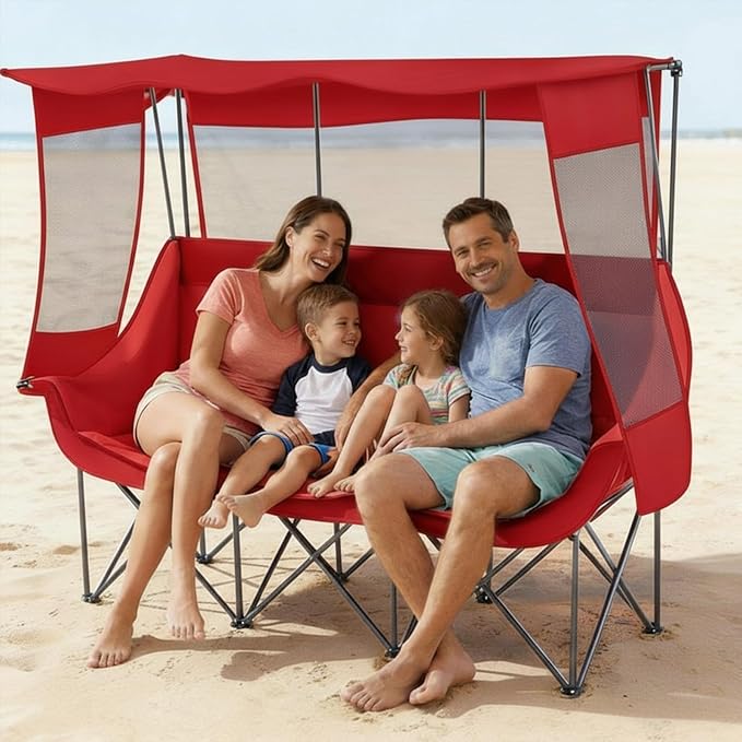 3 Person Camping Chair with Canopy Shade 700lbs Heavy Duty Oversized Beach Camping Chair with Thick Cushion Cup Holder and Carry Bag Foldable Portable Sofa for Lawn Beach Outdoor(Dark Red)