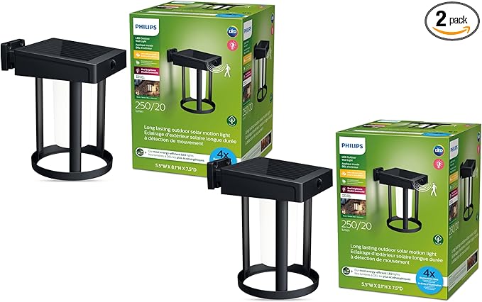 PHILIPS LED Ultra Efficient Solar Cylinder Black Wall Lantern Outdoor 2-Pack Bright White (3000K) 250/20 Lumen (3W = 25W) Weather Resistant