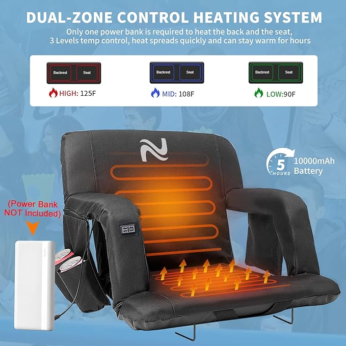 NAIZEA Heated Stadium Seats Bleacher Seat with Back Support &amp Arm Armrest Portable 6 Reclinng Positions Stadium Chair for Sports Events Outdoors（Power Bank is Not Included