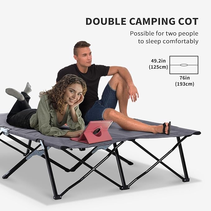 Gray Double Portable Camping Cot - 50-Inch Wide Elevated Steel Bed 300 lbs Weight Limit Foldable with Travel Bag for Outdoor Adventures