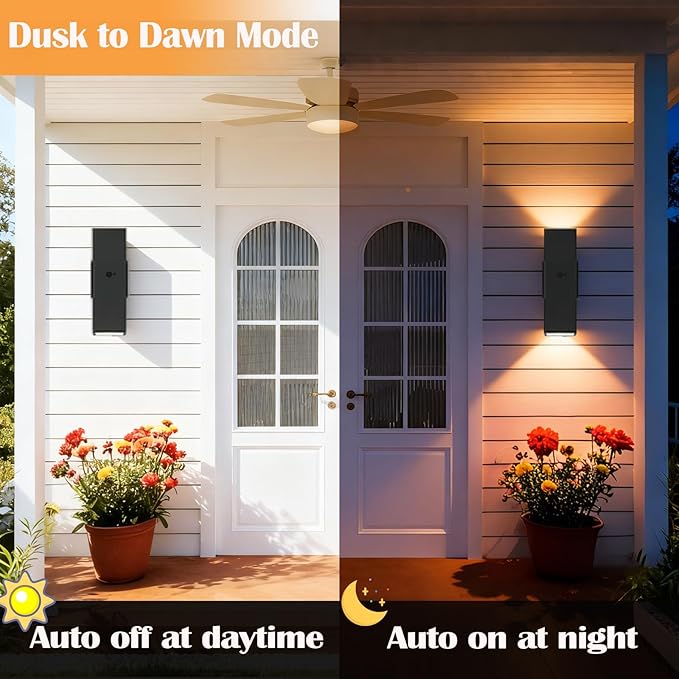 wowlite Motion Sensor Outdoor Wall Lights Dusk to Dawn Outdoor Lighting with E26 Bulbs Included 3 Lighting Modes Black Exterior Lighting Fixtures Aluminum Outside Lights for House Porch Yard 2 Pack