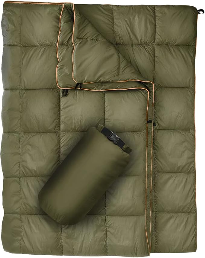 Outdoor Puffy Camping Blanket Lightweight Down Alternative Puffy Printed Camping Large Ultra Warm Hammock Top Quilt Waterproof Blanket for Traveling Picnic Beach Party Cold Weather (Olive)