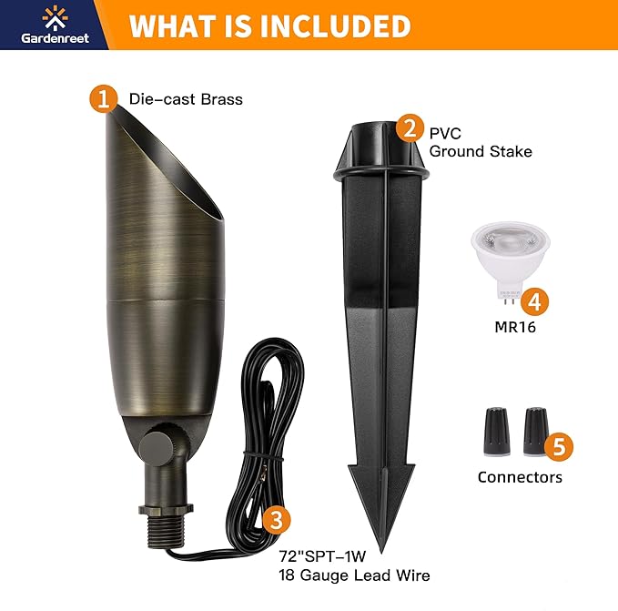 Gardenreet Brass Spot Light Low Voltage - Outdoor Landscape Spotlights LED 12V Landscaping Uplights Small Hard-Wired All Weather Bronze for Backyard Lawn with Warm White Changeable Bulbs (8 Pack)