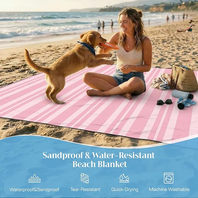 OIGAE Oversized Beach Blanket 9×10 ft Sand-Free Outdoor Mat for Groups Quick-Dry Picnic Blanket with Stakes &amp Corner Pockets Pink Stripe