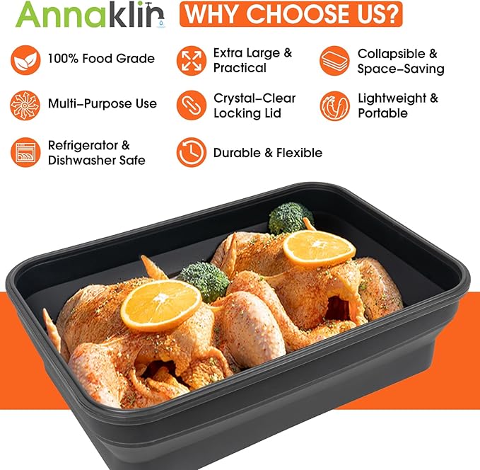Silicone Collapsible Marinating Container with Lid for Meat 2.64Gal/10L Extra Large Collapsible BBQ Prep Tub Transparent Locking Lid XL Grill Prep Trays and Carry System BBQ Must-Have Black