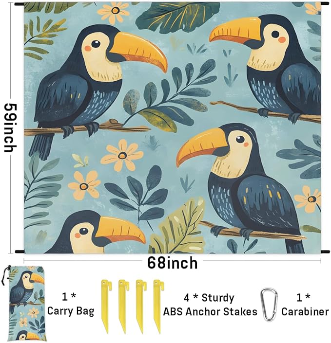 Waterproof Sandproof Beach Blanket 59''×68'' Animals Illustration Polyester Outdoor Picnic Blanket with 4 Stakes &amp Storage Bag for BeachCampingVacation