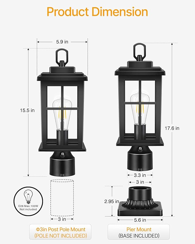 2 Pack Outdoor Post Lights Black Dusk to Dawn Post Lights Outside Waterproof Outdoor Column Lantern for House Garden Doorawy Backyard 100% Aluminum