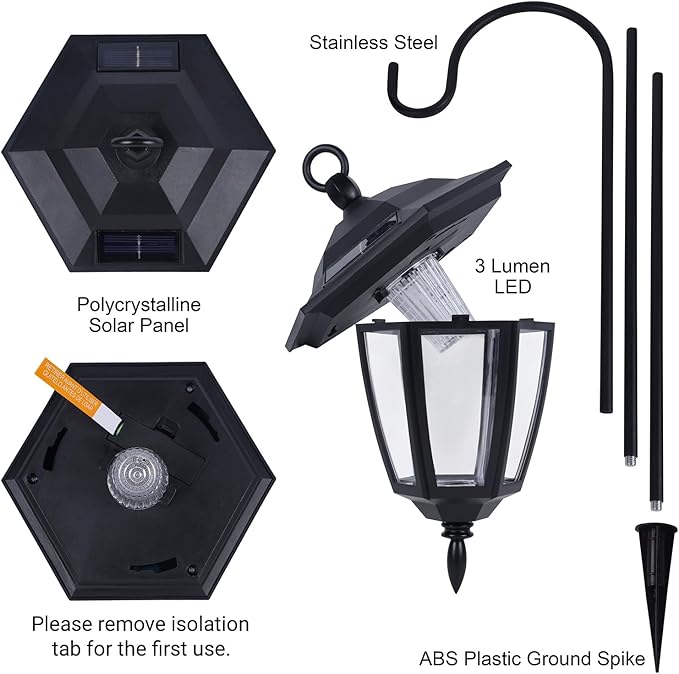 Dynaming 4 Pack Solar Hanging Lights Outdoor Solar Powered Garden Decorative Lanterns with 4 x 38 Inch Shepherd Hooks Waterproof Landscape Lighting for Lawn Patio Yard Pathway Driveway Warm White