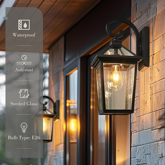 zeyu 18 Inch Outside Light Fixture Exterior Wall Lighting Fixture for House Porch Die-Cast Aluminum with Seeded Glass Black Finish ZX58MB BK