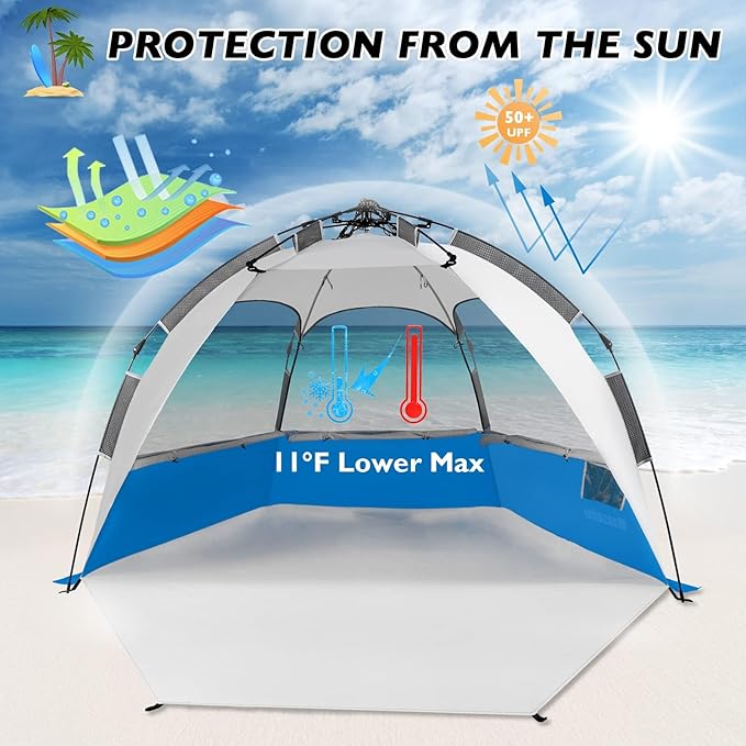 6 Person Large Instant Pop Up Beach Tent UV Protection Portable Easy Setup Sun Shade Shelter for Whole Family Extended Floor with 3 Ventilating Mesh Windows for Outdoor Camping Fishing