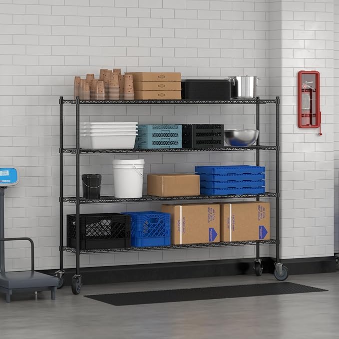 Commercial NSF Listed Black Epoxy Mobile Wire Shelving Kit 14 x 72 x 60 with 4 Shelves Perfect for Warehouse Walk-in Refrigerator Freezer Grocery Store Restaurant Dishroom